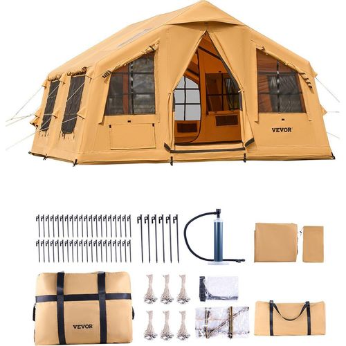 Aufblasbares Zelt für Camping 8-12 Personen mit Handpumpe, 4,8x3,6x2,2 m Glamping-Zelt mit 2 Oberlichtern, Baldachin, Ofenanschluss, 2 Türen & Netzfenstern, Aufbewahrungstasche