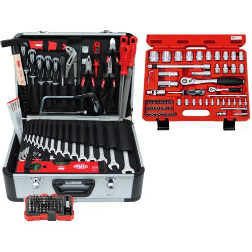 FAMEX 729-17 Werkzeugkoffer gefüllt mit Werkzeug und Steckschlüsselsatz