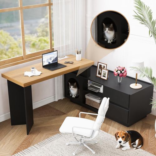 okwish 120 x 50 cm Schreibtisch Eckschreibtisch L-Förmig,Beistelltisch und Computertisch mit Schublade,Schminktisch für Home Offic mit integriertem Tierhaus
