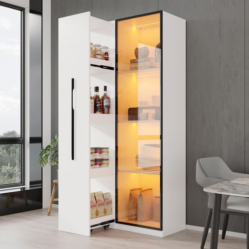 Multifunktionsschrank 160 cm hoch – Bücherregal und Vitrine mit Türen aus gehärtetem Glas, Türrahmen aus Aluminium, 1 Tür, 1 seitliche Schublade, mit Rollen und LED-Beleuchtung – Vitrine, Esszimmersch