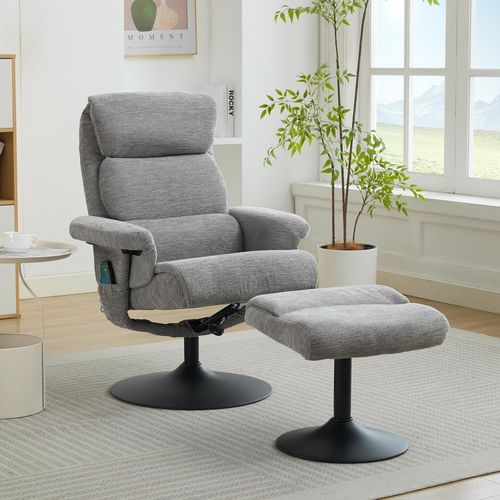 MODFU Liegestuhl mit elektrischer Heizfunktion,mit Hocker,Polstersessel aus Chenille,360° drehbar mit Liegefunktion und 5-Punkte-Massage,Grau