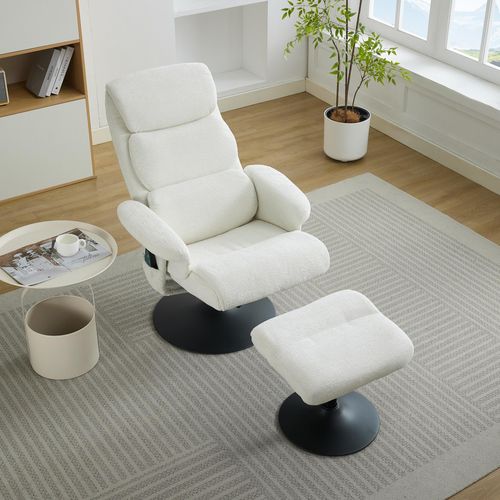 MODFU Liegestuhl mit elektrischer Heizfunktion,mit Hocker,Polstersessel aus Chenille,360° drehbar mit Liegefunktion und 5-Punkte-Massage,Weiß
