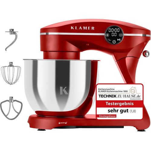 KLAMER Küchenmaschine 1800W, Knetmaschine mit 6 Liter Edelstahl Schüssel, 10 Geschwindigkeitsstufen mit Timer, Rührbesen, Knethaken, Schneebesen und Spritzschutz, rot