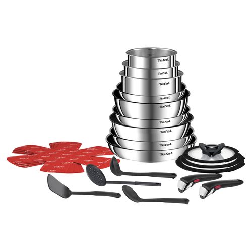 Tefal Ingenio Emotion Edelstahl Pfannen- und Topfset 22-teilig mit 9 Pfannen, 3 Glasdeckeln, 2 abnehmbaren Griffen, 4 Trennern, Küchenhelfern, spülmas