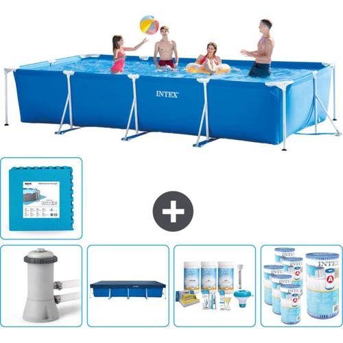 Intex-Schwimmbecken mit rechteckigem Rahmen – 450 x 220 x 84 cm – Blau – inklusive Pumpe Abdeckung - Wartungspaket - Filter - Bodenfliesen
