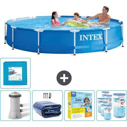 Intex Rundrahmen-Schwimmbecken – 366 x 76 cm – Blau – inklusive Pumpe Sonnensegel - Wartungspaket - Filter - Bodenfliesen