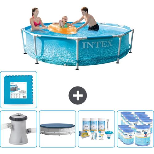Intex Rundrahmen-Schwimmbecken – 305 x 76 cm – Wasserdruck – inklusive Pumpe Abdeckung - Wartungspaket - Filter - Bodenfliesen
