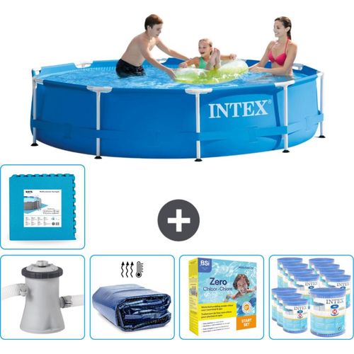 Intex Rundrahmen-Schwimmbecken – 305 x 76 cm – Blau – inklusive Pumpe Sonnensegel - Wartungspaket - Filter - Bodenfliesen