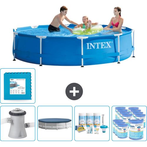 Intex Rundrahmen-Schwimmbecken – 305 x 76 cm – Blau – inklusive Pumpe Abdeckung - Wartungspaket - Filter - Bodenfliesen