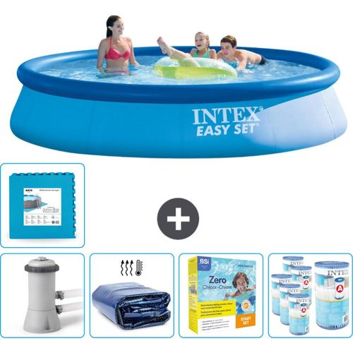 Intex runder aufblasbarer Easy Set-Schwimmpool – 396 x 84 cm – Blau – inklusive Pumpe Sonnensegel - Wartungspaket - Filter - Bodenfliesen