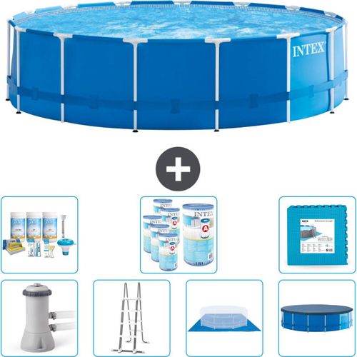 Intex Rundrahmen-Schwimmbecken – 457 x 122 cm – Blau – inklusive Pumpe – Leiter – Bodenplane – Abdeckung Wartungspaket - Filter - Bodenfliesen