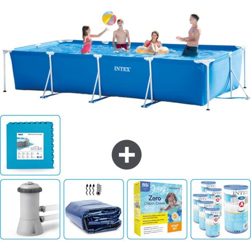 Intex-Schwimmbecken mit rechteckigem Rahmen – 450 x 220 x 84 cm – Blau – inklusive Pumpe Sonnensegel - Wartungspaket - Filter - Bodenfliesen