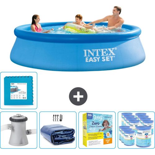 Intex runder aufblasbarer Easy Set-Schwimmpool – 305 x 76 cm – Blau – inklusive Pumpe Sonnensegel - Wartungspaket - Filter - Bodenfliesen