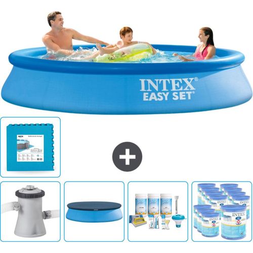 Intex runder aufblasbarer Easy Set-Schwimmpool – 305 x 61 cm – Blau – inklusive Pumpe Abdeckung - Wartungspaket - Filter - Bodenfliesen