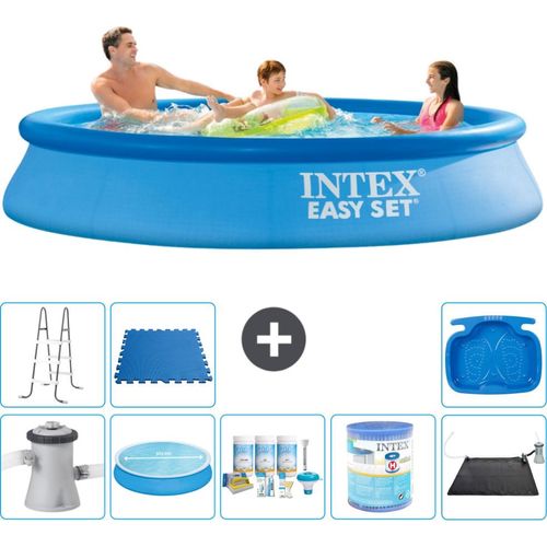 Intex runder aufblasbarer Easy Set-Schwimmpool – 305 x 61 cm – Blau – inklusive Pumpe Sonnensegel - Wartungspaket - Filter - Solarmatte - Leiter - Fußbad