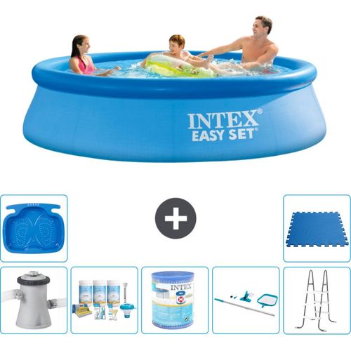 Intex runder aufblasbarer Easy Set-Schwimmpool – 305 x 76 cm – Blau – inklusive Pumpe Wartungspaket - Filter - Reinigungskit - Leiter - Fußbad - Bodenfliesen