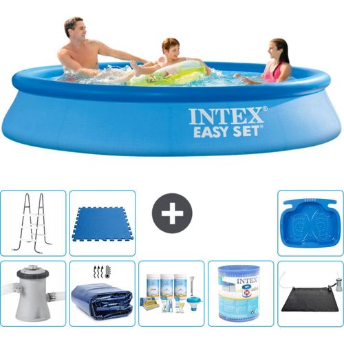 Intex runder aufblasbarer Easy Set-Schwimmpool – 305 x 61 cm – Blau – inklusive Pumpe Sonnensegel - Wartungspaket - Filter - Solarmatte - Leiter - Fußbad