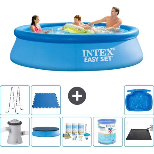Intex runder aufblasbarer Easy Set-Schwimmpool – 305 x 76 cm – Blau – inklusive Pumpe Abdeckung - Wartungspaket - Filter - Solarmatte - Leiter - Fußbad