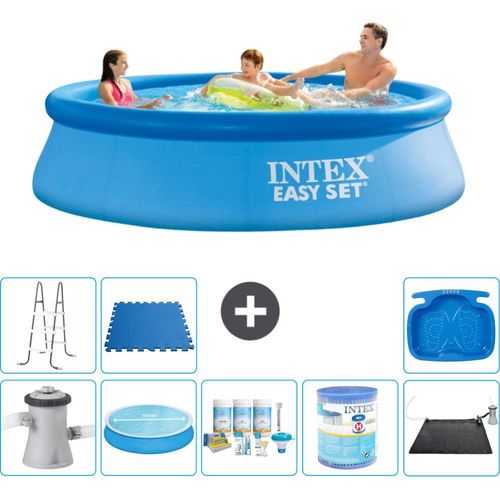 Intex runder aufblasbarer Easy Set-Schwimmpool – 305 x 76 cm – Blau – inklusive Pumpe Sonnensegel - Wartungspaket - Filter - Solarmatte - Leiter - Fußbad