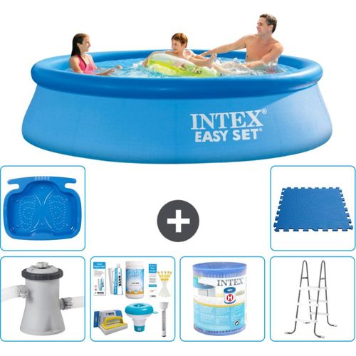 Intex runder aufblasbarer Easy Set-Schwimmpool – 305 x 76 cm – Blau – inklusive Pumpe Wartungspaket - Filter - Leiter - Fußbad - Bodenfliesen