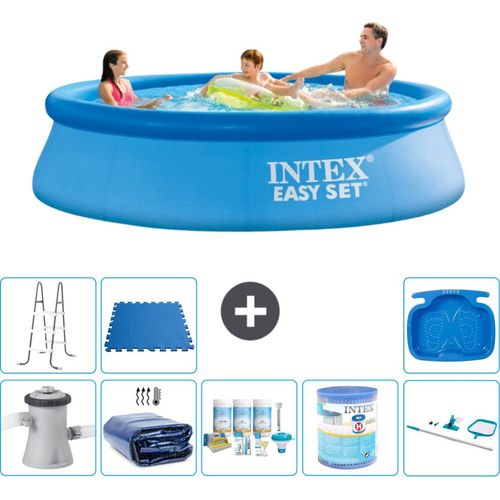Intex runder aufblasbarer Easy Set-Schwimmpool – 305 x 76 cm – Blau – inklusive Pumpe Sonnensegel - Wartungspaket - Filter - Reinigungskit - Leiter - Fußbad