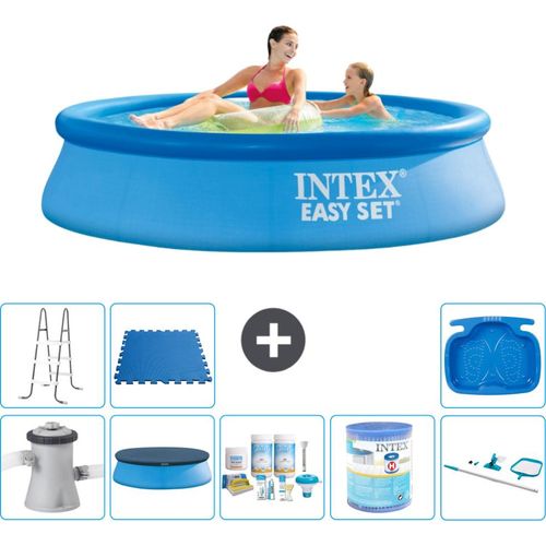Intex runder aufblasbarer Easy Set-Schwimmpool – 244 x 61 cm – Blau – inklusive Pumpe Abdeckung - Wartungspaket - Filter - Reinigungskit - Leiter - Fußbad