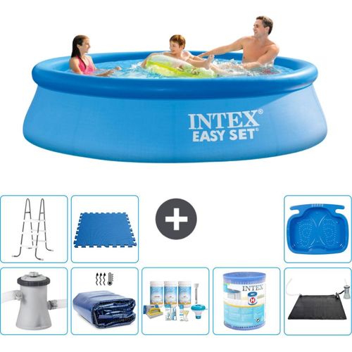 Intex runder aufblasbarer Easy Set-Schwimmpool – 305 x 76 cm – Blau – inklusive Pumpe Sonnensegel - Wartungspaket - Filter - Solarmatte - Leiter - Fußbad