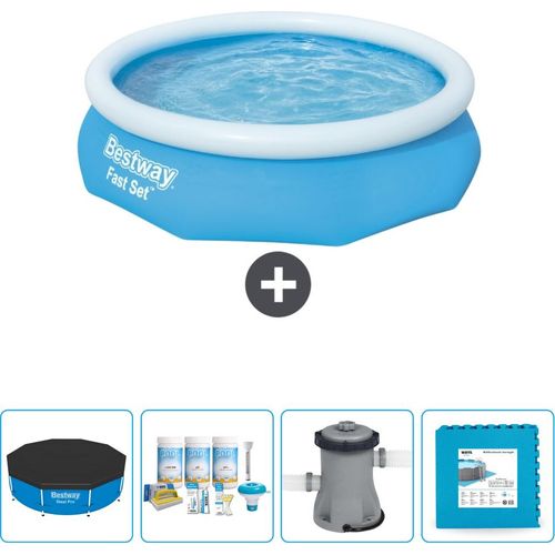 Bestway runder aufblasbarer Fast-Set-Pool – 305 x 76 cm – Blau – im Lieferumfang enthalten Abdeckung - Wartungspaket - Pumpe - Bodenfliesen