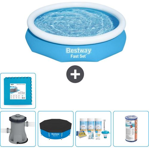 Bestway runder aufblasbarer Fast-Set-Schwimmpool – 305 x 66 cm – Blau – inklusive Pumpe Abdeckung - Wartungspaket - Filter - Bodenfliesen