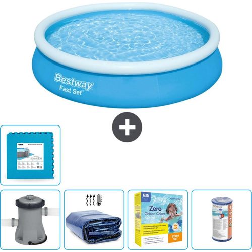 Bestway runder aufblasbarer Fast-Set-Schwimmpool – 366 x 76 cm – Blau – inklusive Pumpe Sonnensegel - Wartungspaket - Filter - Bodenfliesen