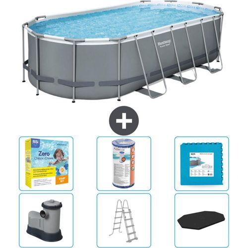 Bestway Oval Power Steel Swimmingpool – 549 x 274 x 122 – Grau – inklusive Pumpe – Leiter – Abdeckung Wartungspaket - Filter - Bodenfliesen