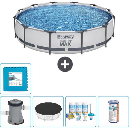 Bestway Round Steel Pro MAX Schwimmbad – 366 x 76 cm – Grau – inklusive Pumpe Abdeckung - Wartungspaket - Filter - Bodenfliesen