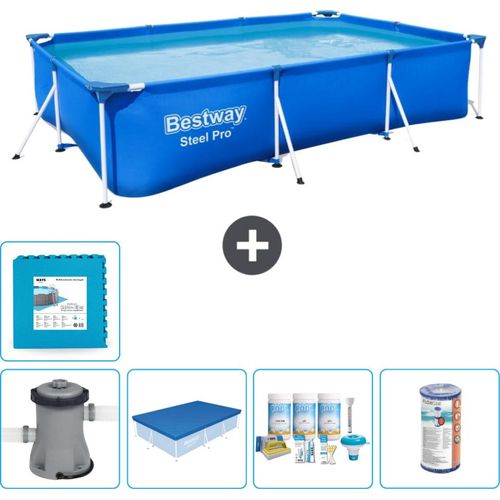 Bestway Rectangular Steel Pro Swimmingpool – 300 x 201 x 66 cm – Blau – inklusive Pumpe Abdeckung - Wartungspaket - Filter - Bodenfliesen