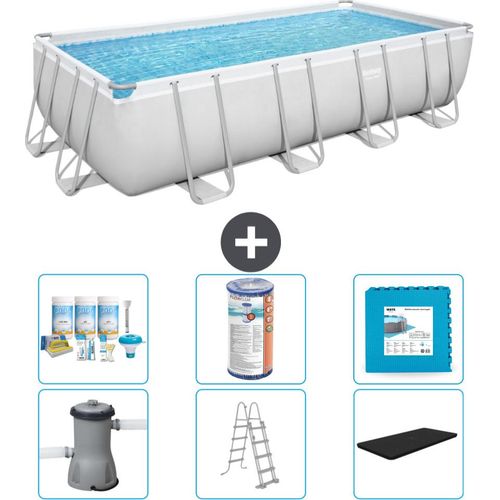 Bestway Rechteckiges Power Steel-Schwimmbecken – 488 x 244 x 122 – Grau, inklusive Pumpe – Leiter – Abdeckung Wartungspaket - Filter - Bodenfliesen