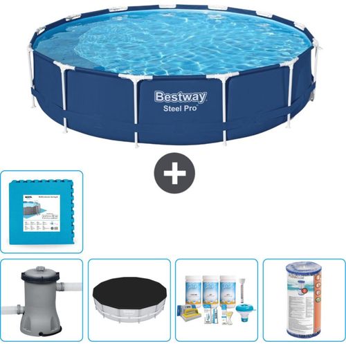 Bestway Round Steel Pro Swimmingpool – 396 x 84 cm – Blau – inklusive Pumpe Abdeckung - Wartungspaket - Filter - Bodenfliesen