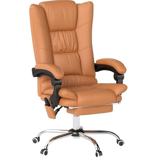 Massage-Bürostuhl, Schreibtischstuhl mit Heizfunktion, Drehstuhl, Liegefunktion, höhenverstellbarer PC-Stuhl, Hellbraun