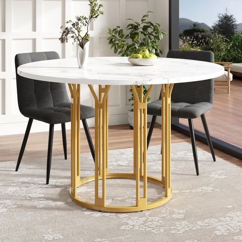 Runder Esstisch (1 Stück) Küchentisch Frühstückstisch Metallbeine Marmormuster Gold/Schwarz
