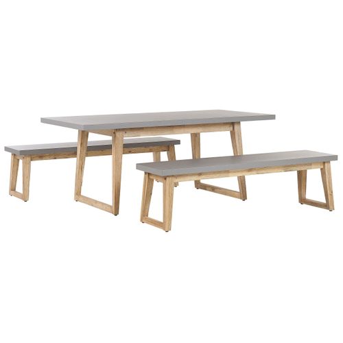 BELIANI Gartenmöbel Set Tisch 2 Bänken Grau / Heller holzfarbton Faserzement / Akazienholz Indoor & Outdoor Garten Schlafzimmer Wohnzimmer