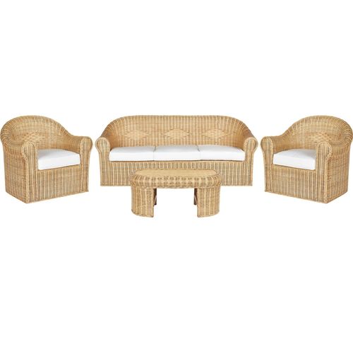 BELIANI 5-Sitzer Lounge Set Naturfarben Rattan Geflochten Sofa mit Couchtisch 2 Sesseln und Weißen Kissen Boho Möbel Outdoor Indoor Garten Terrasse