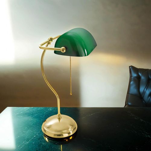 Schreibtischlampe Messing massiv Glas in Grün mit Zugschalter Tischleuchte Bankerlampe