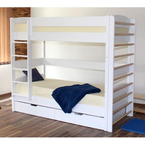 Casa Padrino Luxus Massivholz Kinder Etagenbett Weiß / Naturfarben 211 x 98 x H. 185 cm - Multifunktions Kinderbett mit Leiter und Sprossenwand - Kinderzimmer Möbel