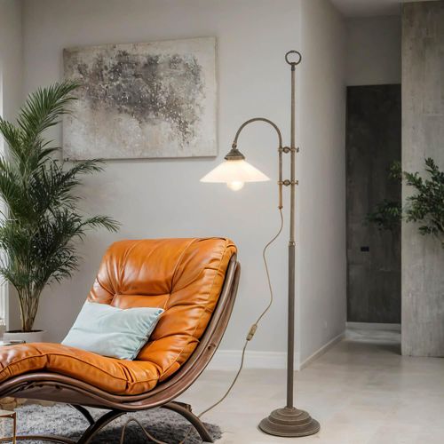 Premium Stehleuchte aus Messing Antik E27 bis 40W 230V Glas matt Wohnzimmer Lampe Leuchte innen Beleuchtung Bodenleuchte Bodenlampe