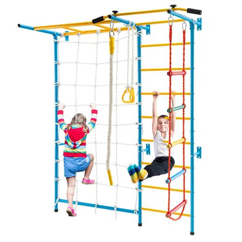 GOPLUS 7 in 1 Klettergerüst, Indoor-Spielplatz mit Turnringen, Seilwänden, Seilen, Klimmzugstangen, Wandleitern Strickleitern, ab 3 Jahren