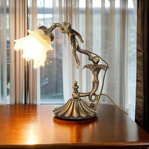 Tischlampe Weiß Bronze E27 33 cm aus Messing Floral Tischleuchte