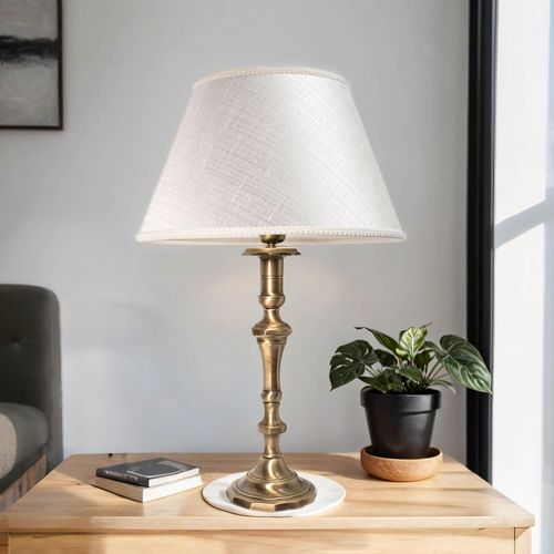 Nachttischlampe E27 42 cm Weiß Bronze aus Stoff Echt-Messing Jugendstil Nachttischleuchte
