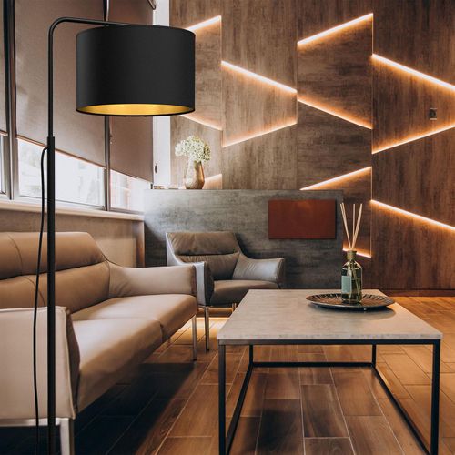 Stehlampe klein 151 cm Schwarz Gold Fußschalter Stoffschirm Stehleuchte Wohnzimmer