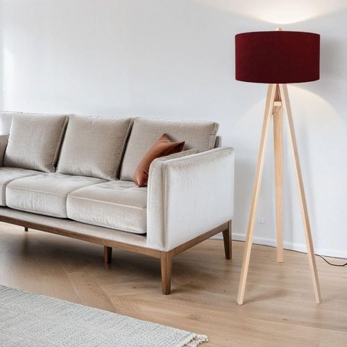Stehleuchte Dreibein Holz Stoff 140 cm klein Bordeaux Rot Silber E27 Stehlampe Wohnzimmer