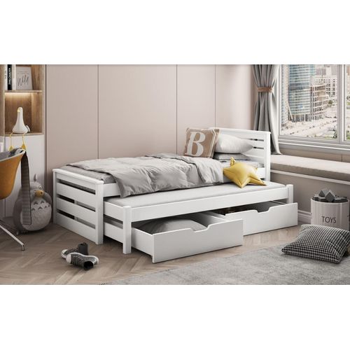 Kinderbett aus Massivholz Kiefernholz CALVIN mit Zustellbett und Schubladen – 200x90 cm – weiß