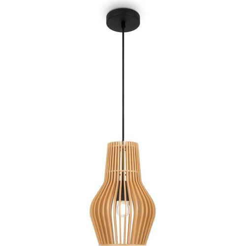 Hängeleuchte Holz Metall E27 D: 30 cm H: max. 347,5 cm Schwarz Beige rund Skandinavisch