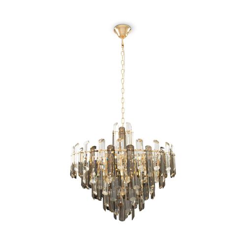 Hängelampe Metall Rauchglas E14 B: 60,8 cm H: max. 160,2 cm in Gold Rauchgrau 8-flammig Art Déco Kristall